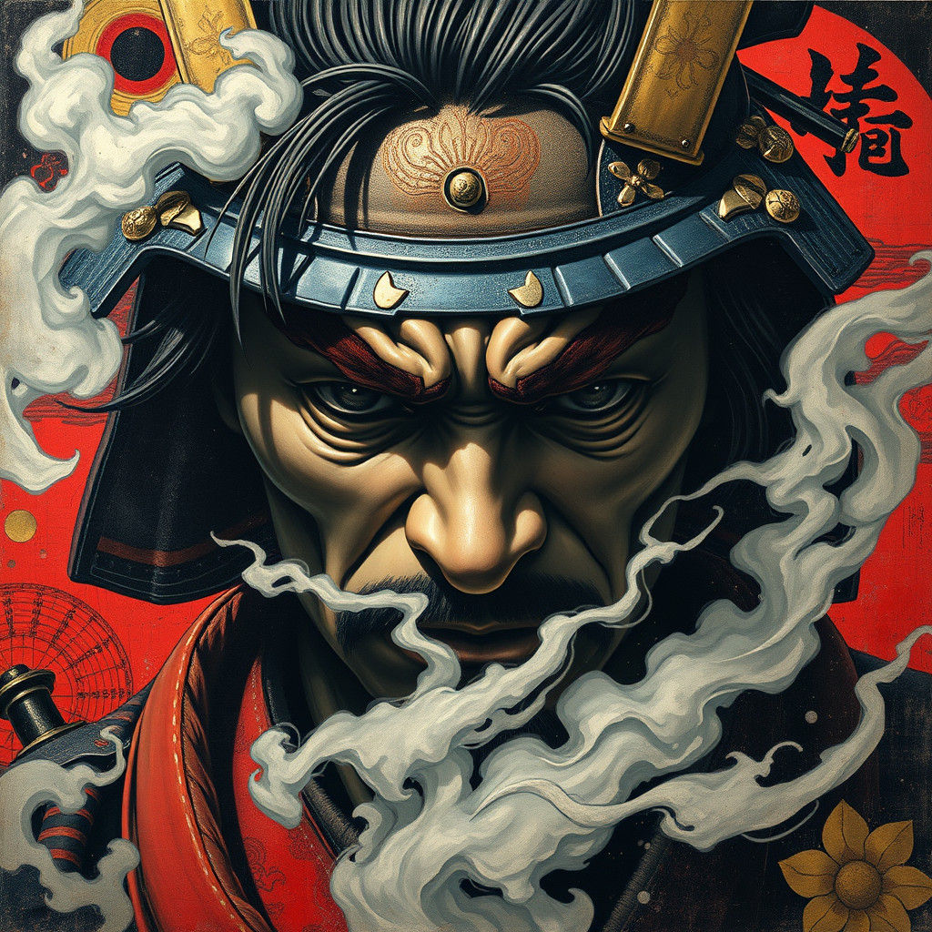 Samurai Face Close-up in Trompe l'Oeil Art Deco Style