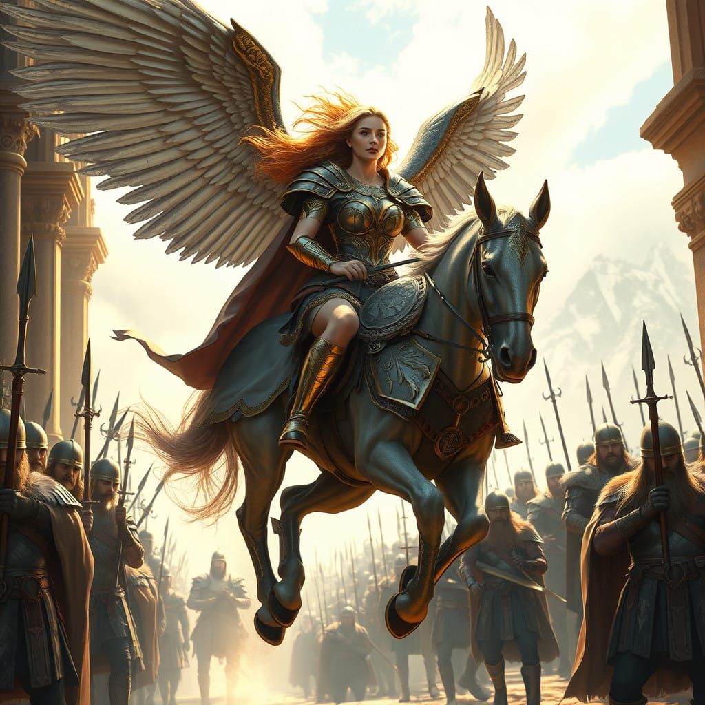 Majestic Valkyrie Ushers Viking Warriors into Valhalla's Gol...