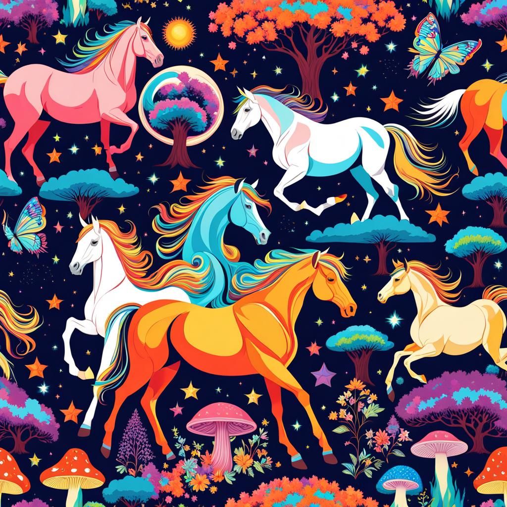 Psychedelic Horses in Space with Butterflies and Stars