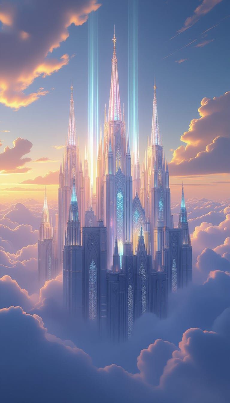 Crystal Cathedral Floating in Clouds, Illuminated by Light B...