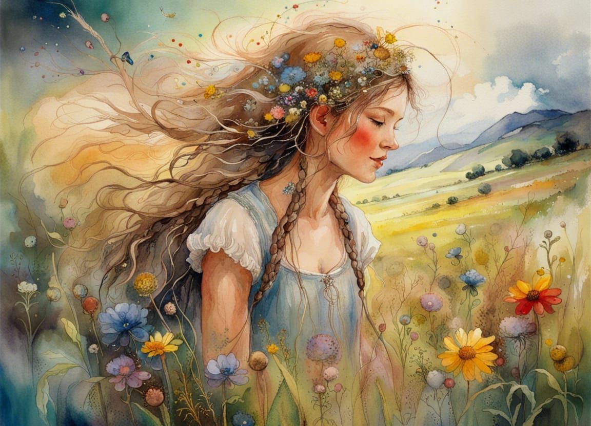 Wildflower Meadow Girl in Watercolor Style
