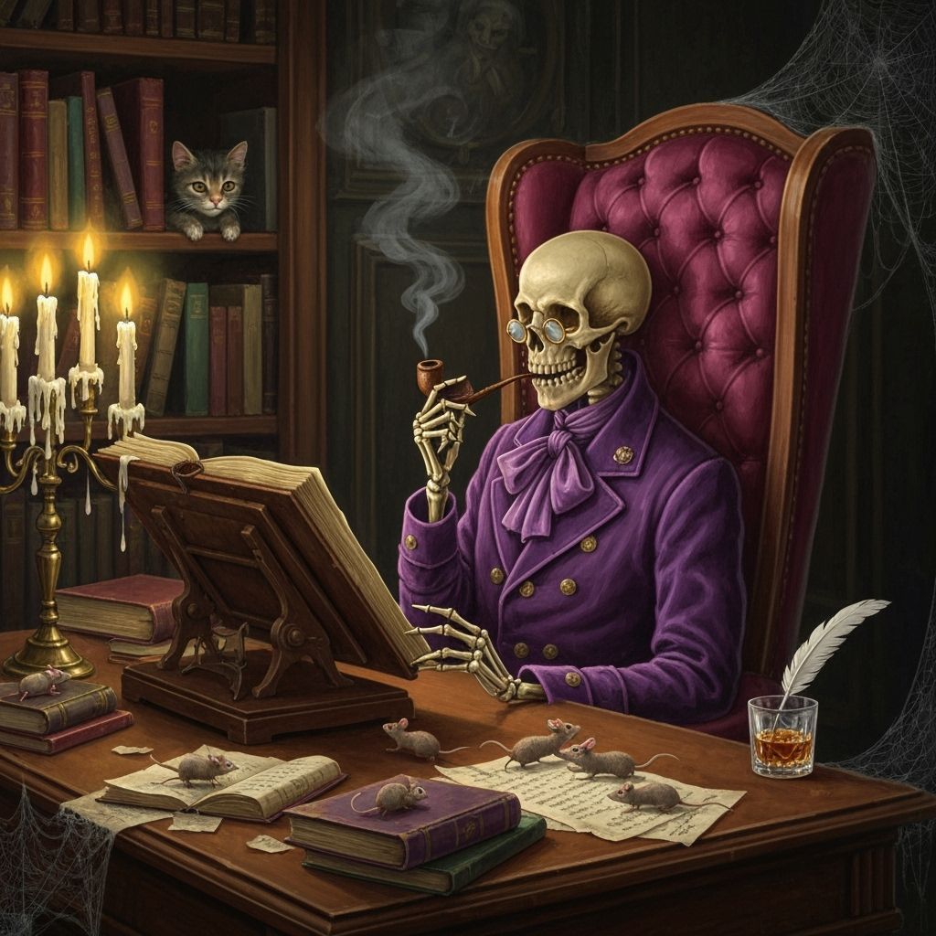 Skeleton Scholar in Velvet Reading by Candlelight