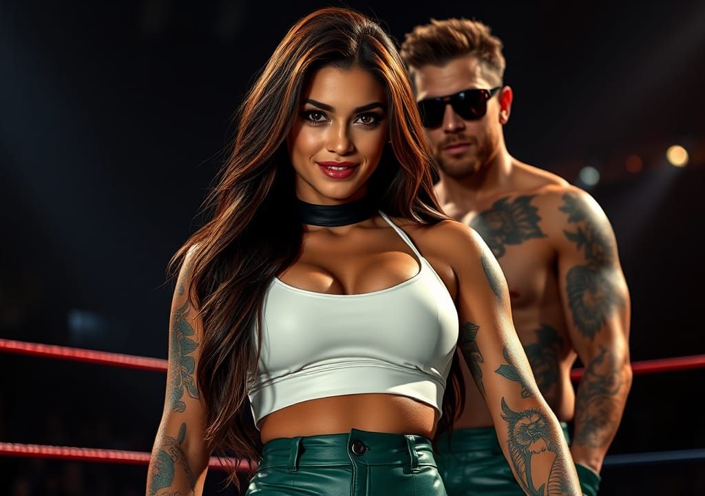 Tattooed Woman in Wrestling Ring, Cinematic Lighting