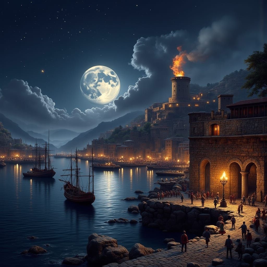 Moonlit Roman Harbor at Night in Photorealistic Style
