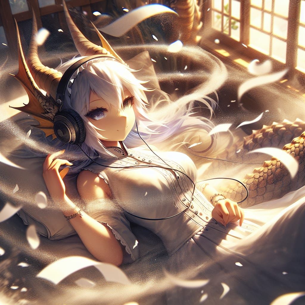 Anthropomorphic Dragon Girl Relaxing in Anime Style