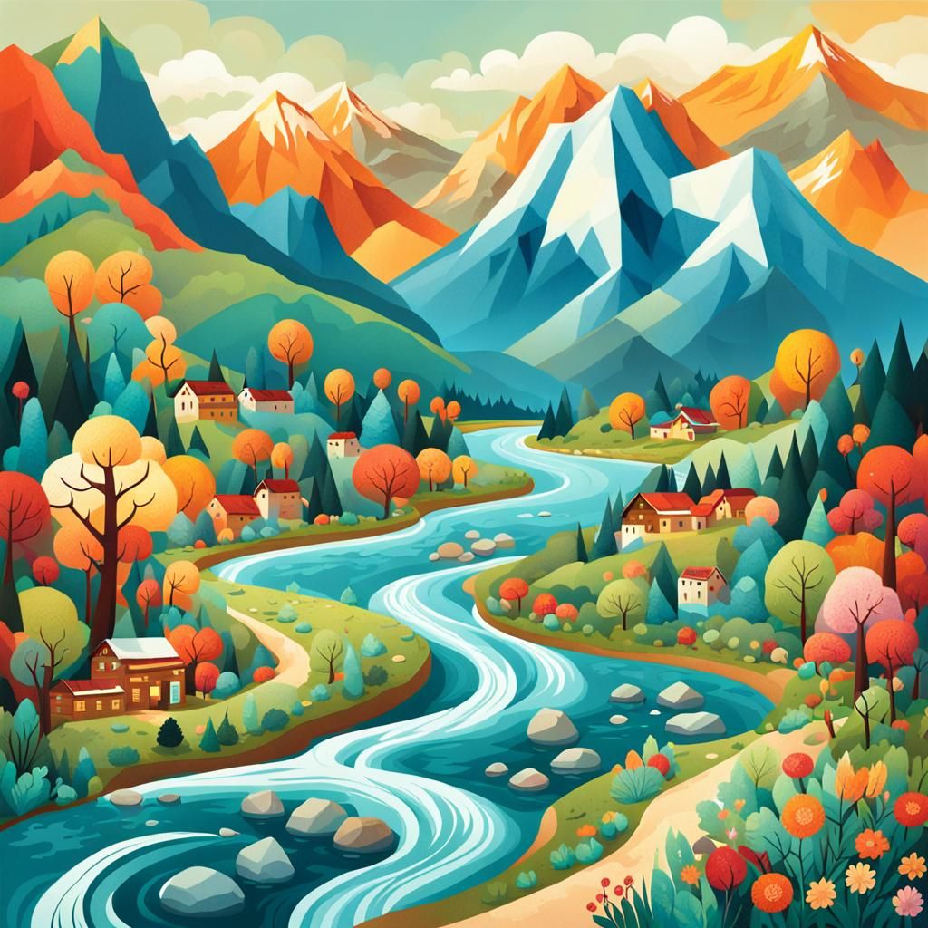 Beautiful Mountain Riverscape Inspired by Folk Art