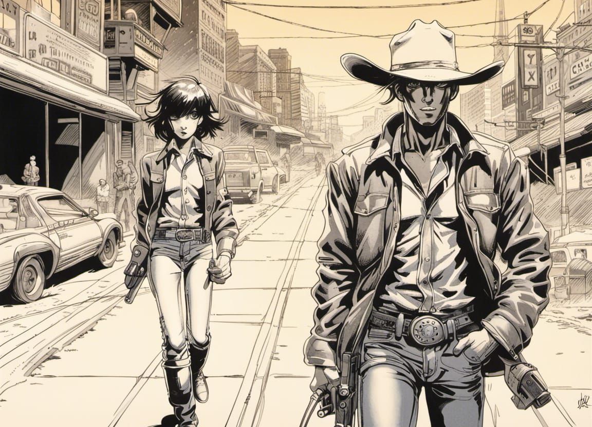 Lonely Cowboy in Empty Street: Vintage Anime Style