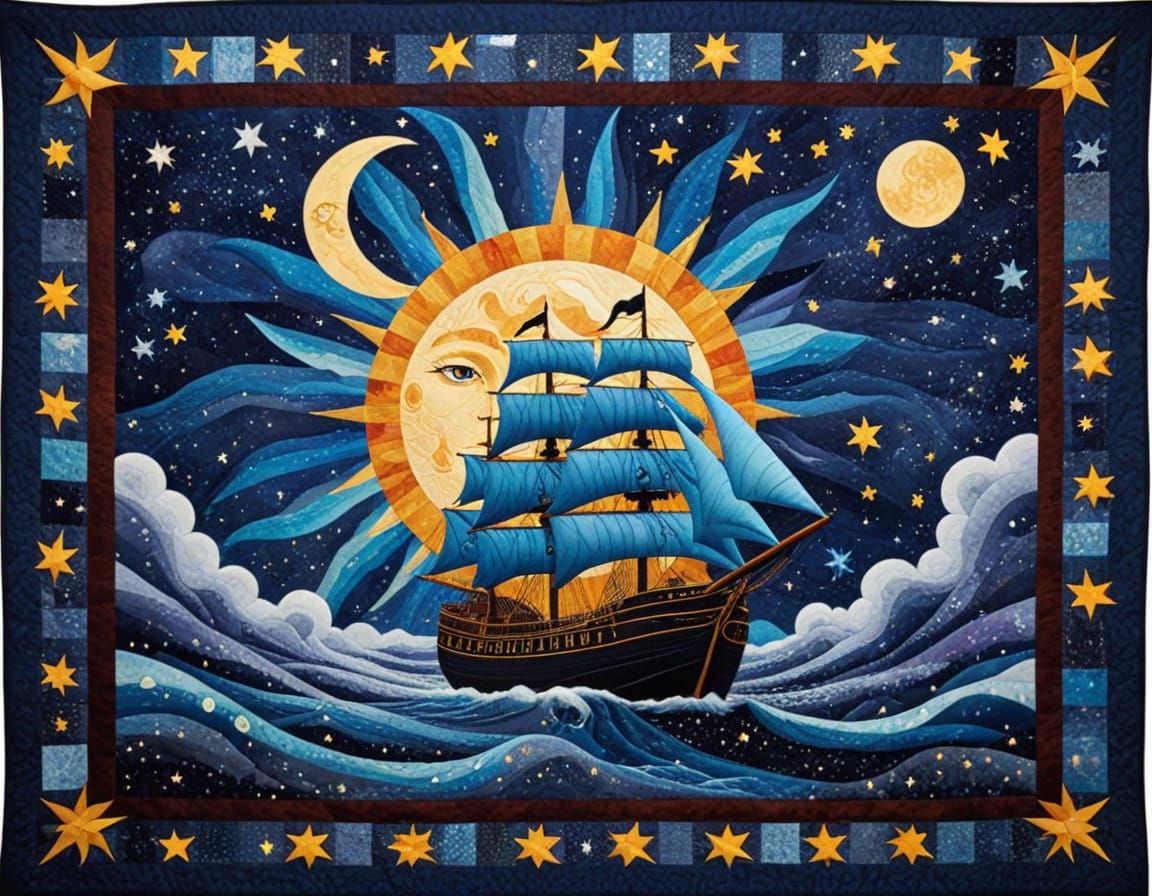 Stunning Fabric Patchwork Art of Celestial Ship