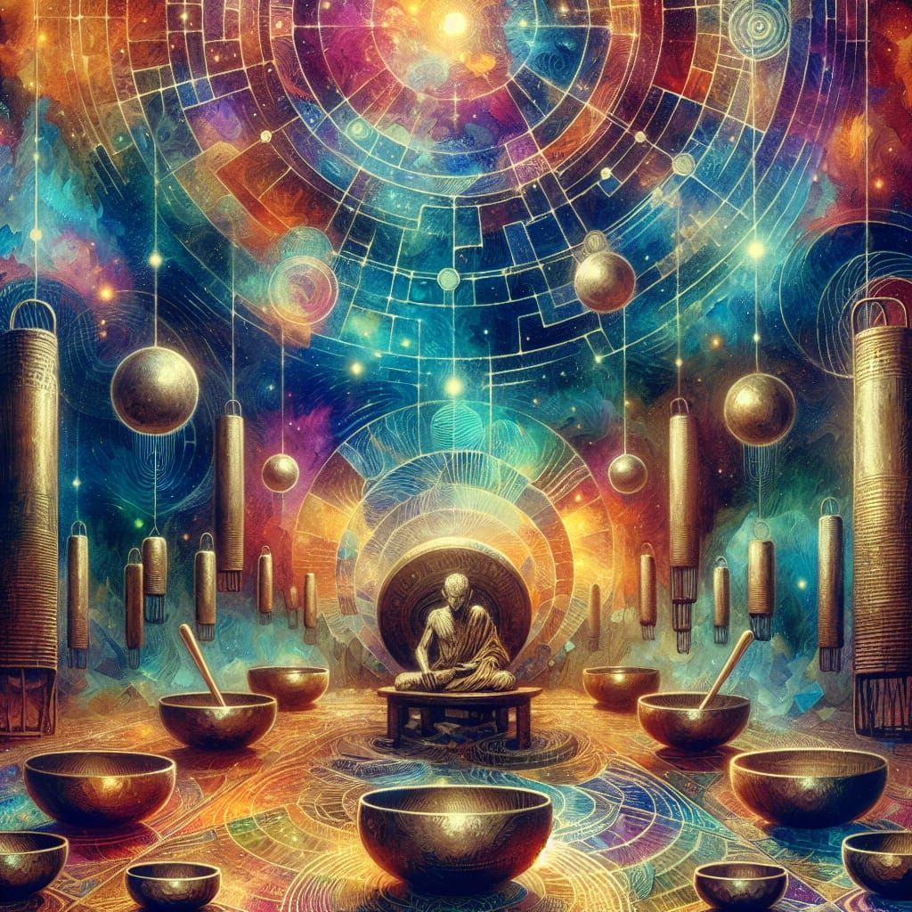 Magical Singing Bowls: A Cosmic Surrealist Illustration