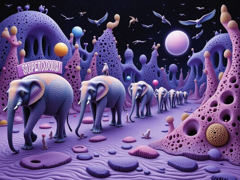 Ethereal Dreamscapes: Dadaist Elephants March Through Irides...