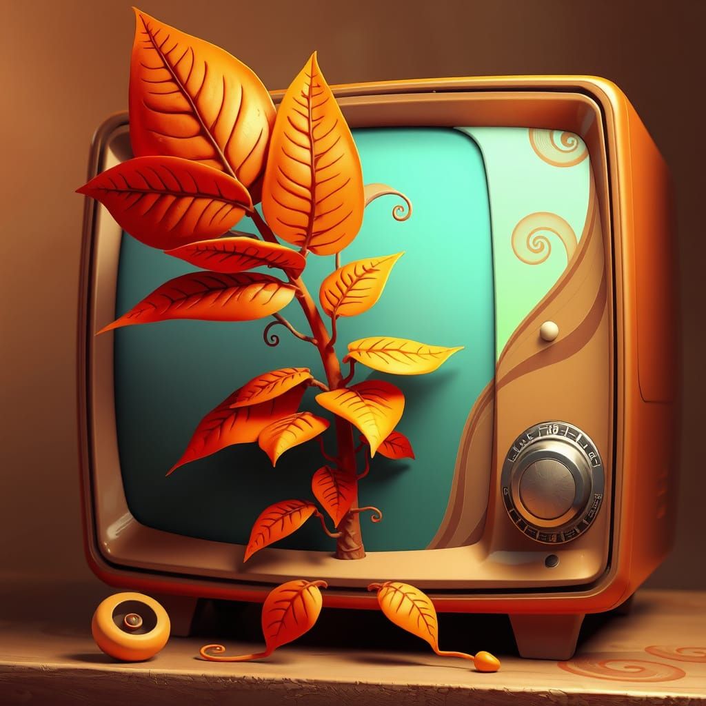 Orange Plant Emerges from TV in Surreal Vector Art