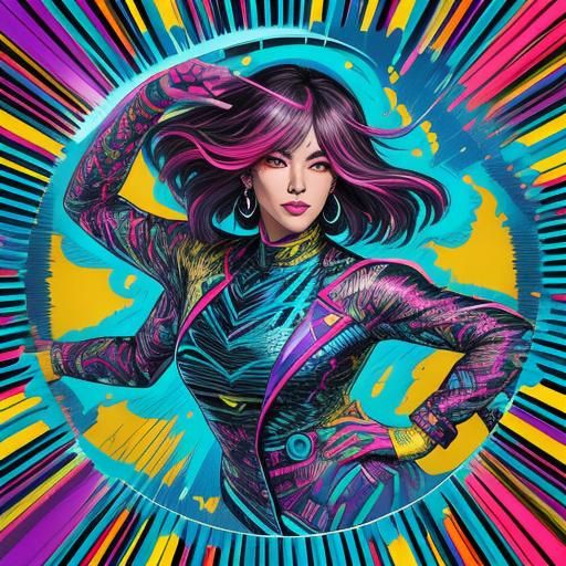 Disco-Pop Portrait in Manga Style with Abstract Shapes