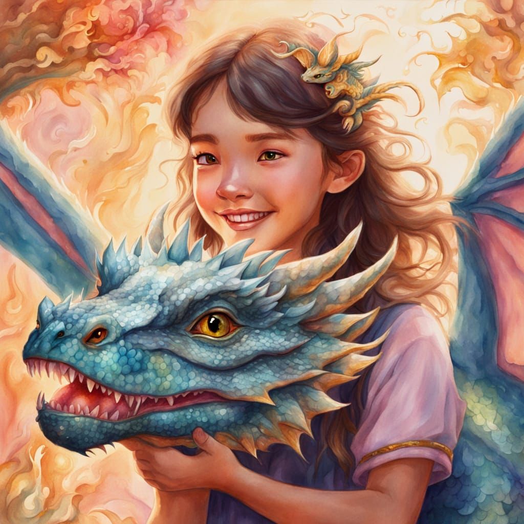 Whimsical Fantasy Girl Plays with Dragon in Vibrant Watercol...