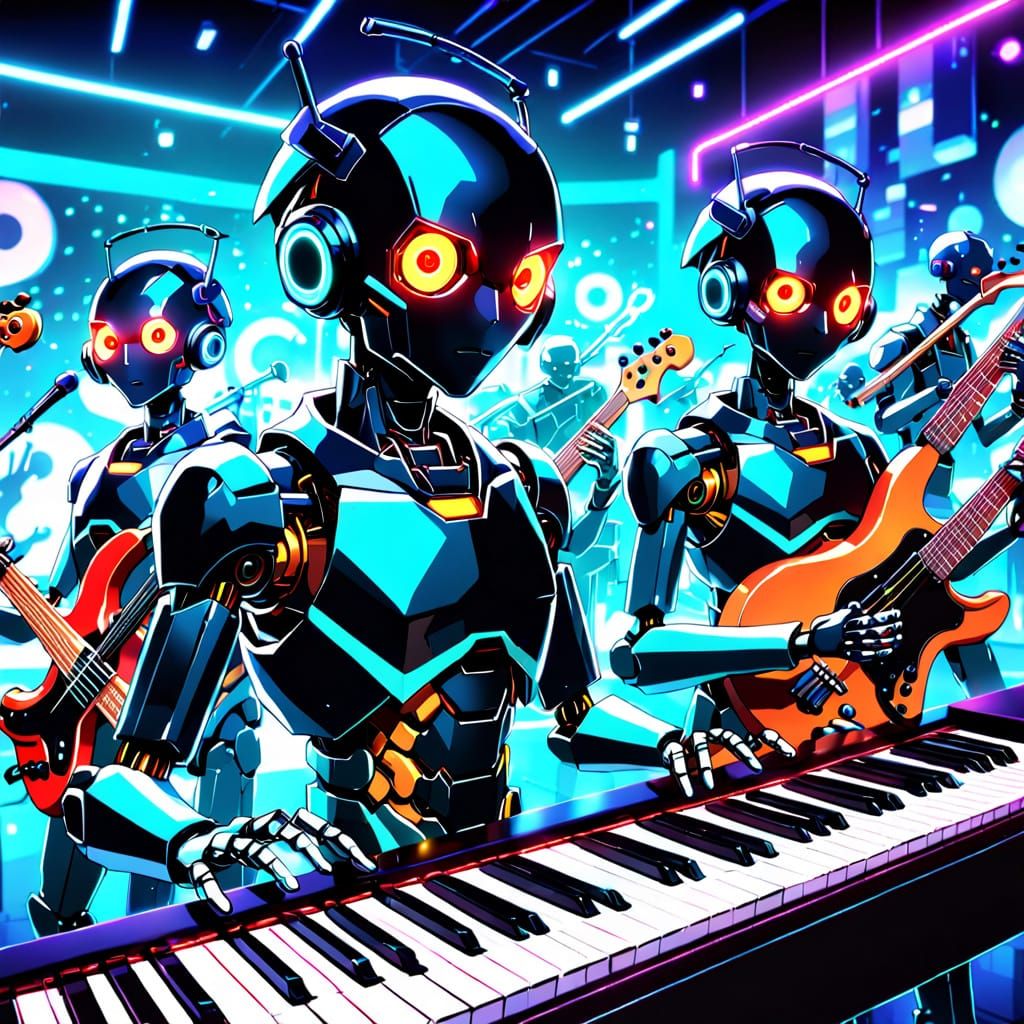 Robots Play Jazz in a Neon-lit Anime Club