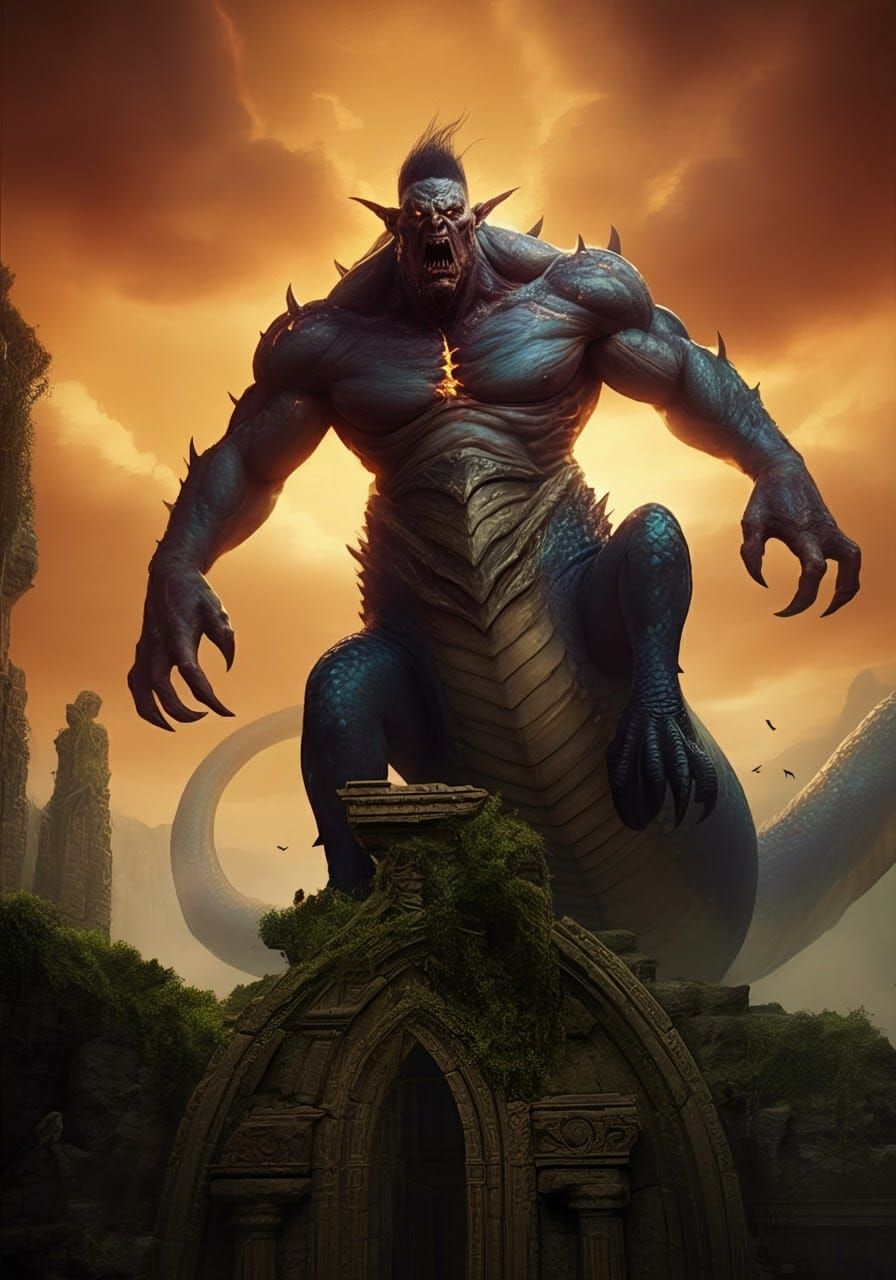 Dragon-Ogre Centaur on Ancient Ruins: Matte Painting