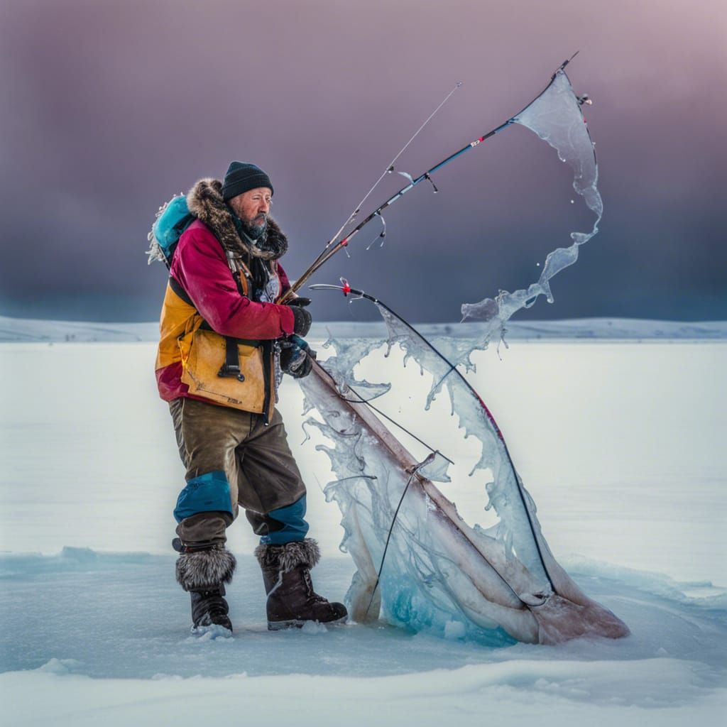 Aleut Man Ice Fishing on Frozen Lake