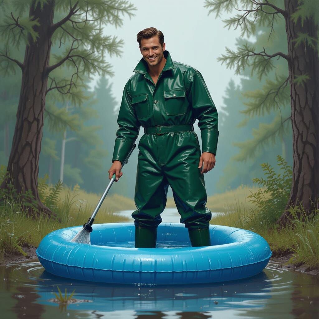 1950s Man Cleaning Pool in Detailed Matte Painting Style