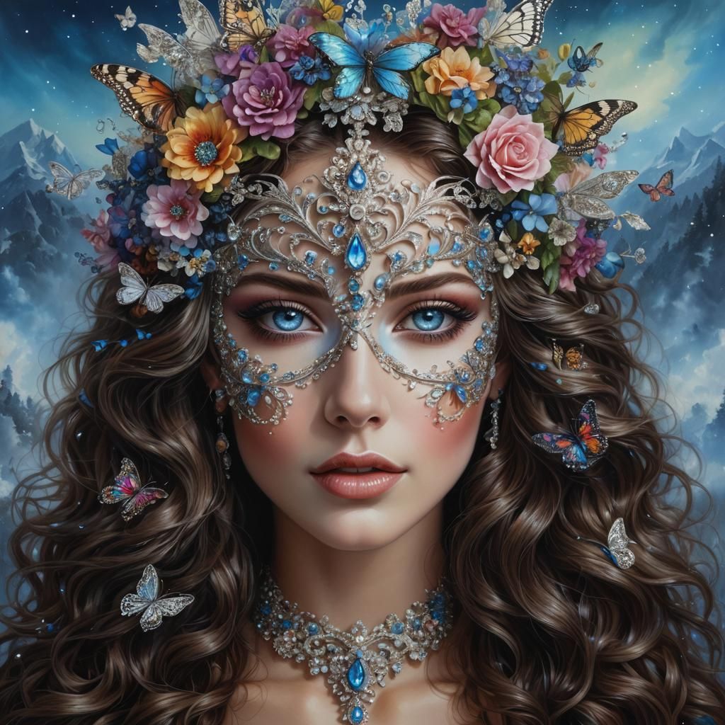 Beautiful Woman with Flowers and Northern Lights