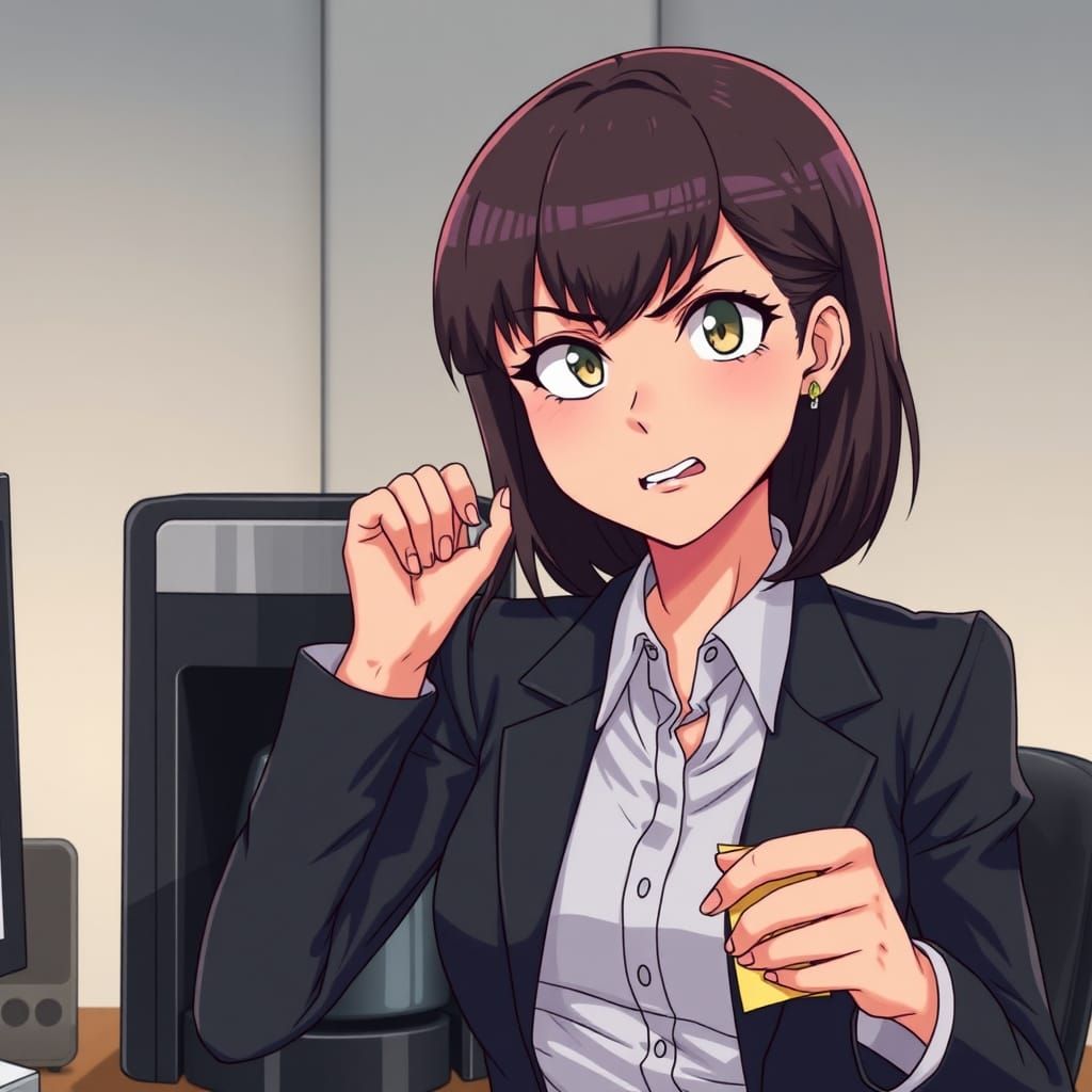 Annoyed Businesswoman Rips Note in Anime Style