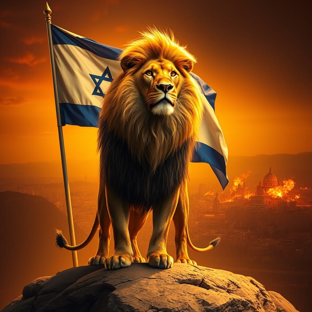 Majestic Lion Overlooks Burning City