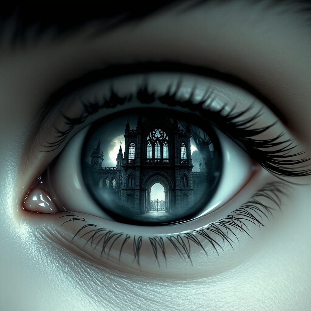 Ethereal Female Eye with Gothic Manor Reflections