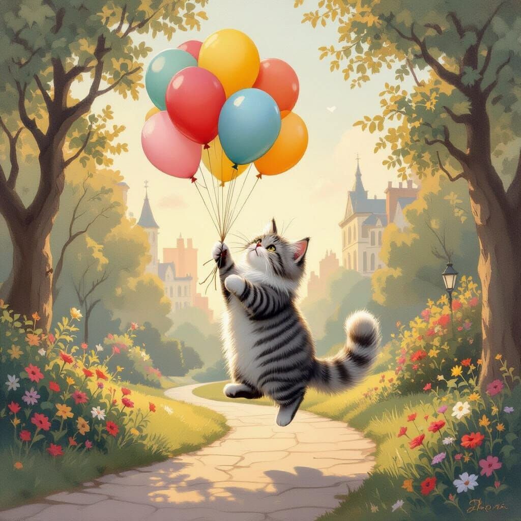 Whimsical Cat Floats with Balloons in Fairytale City Park