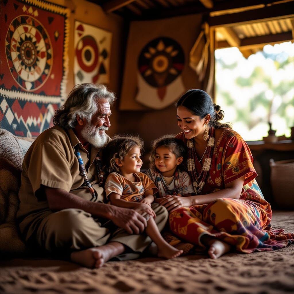 Aboriginal Family in Traditional Home, Natural Light Photogr...