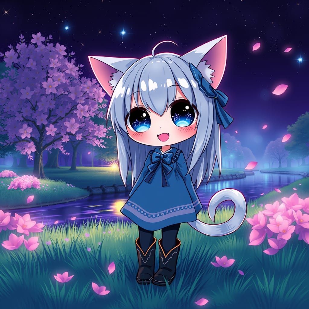 Cute Catgirl in Nature Park, Synthwave Style