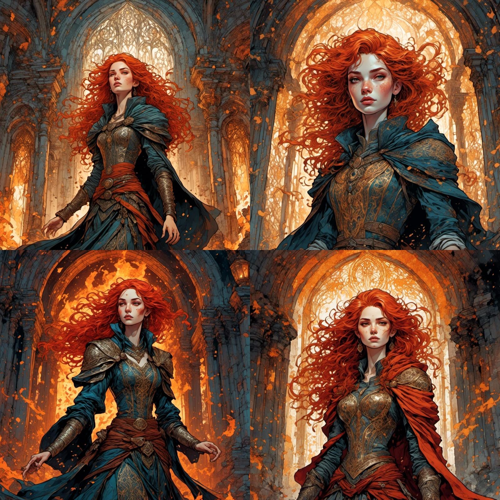 Scared Angel Girl Fire Sorceress in Dark Temple