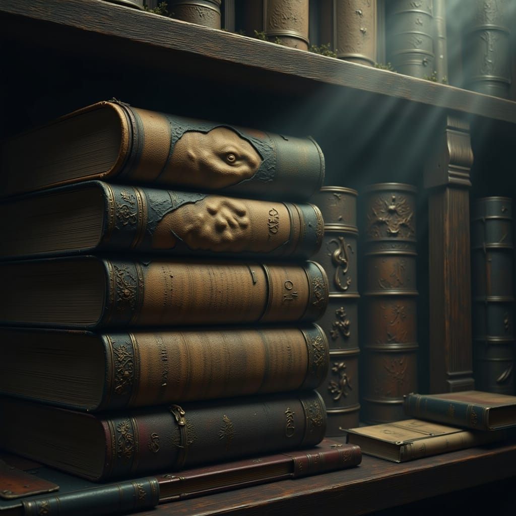 Ancient Books with Hidden Faces on Dusty Shelf
