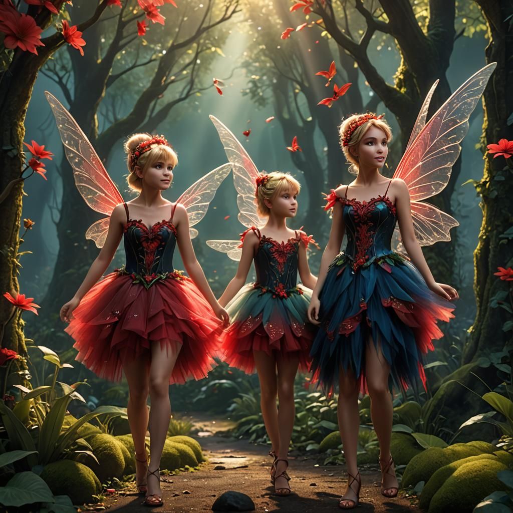 Fairies in Red Tulle Dresses: Fantasy Concept Art