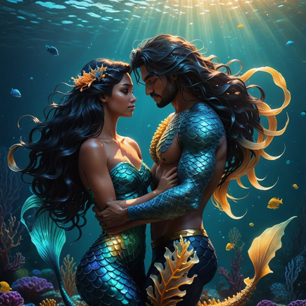 Hyper-Realistic Mermaid and Merman in Romantic Underwater Em...