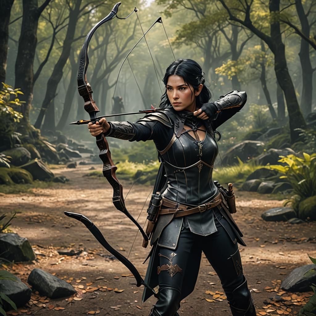 Girl Archer in Black Leather Armor Fantasy Art