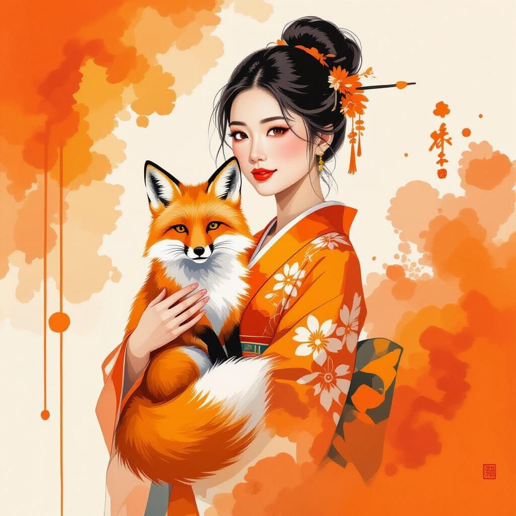 Asian Woman Holding Fox in Abstract Orange and White Paintin...