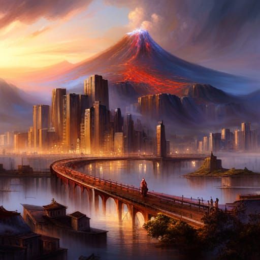 Volcano City Concept Art at Dawn