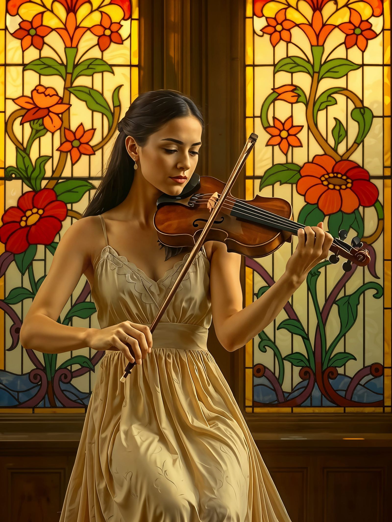 Woman Plays Violin Amidst Art Nouveau Stained Glass