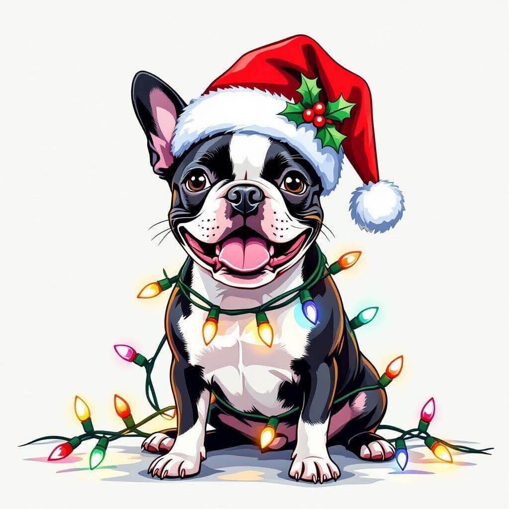 Cute Boston Terrier in Santa Hat with Lights