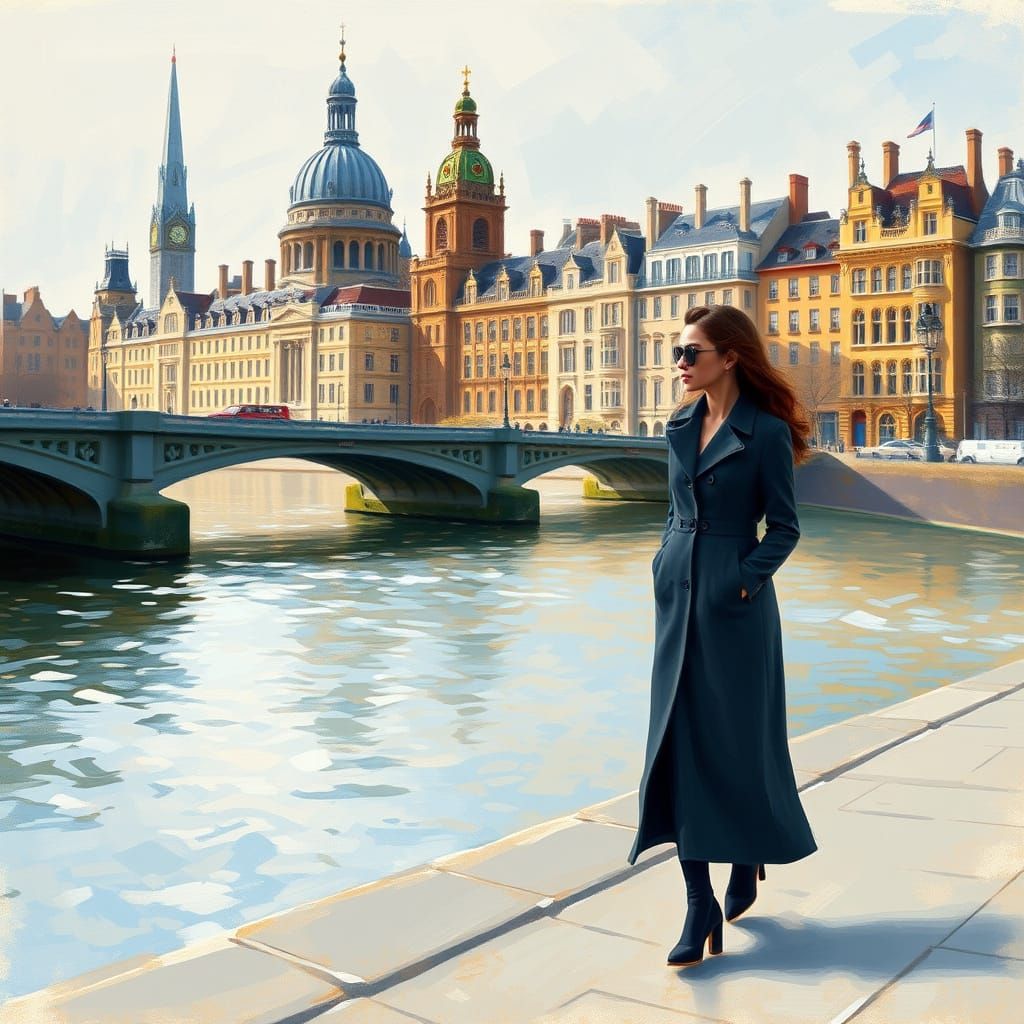 Woman Strolls Thames River: Impressionist Painting Style