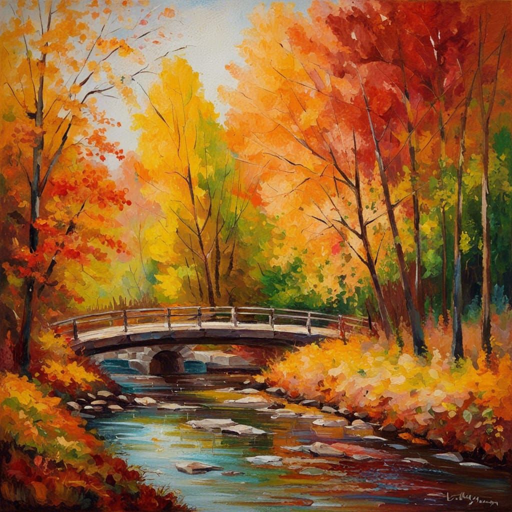 Autumn Creek Scene in Impressionistic Style