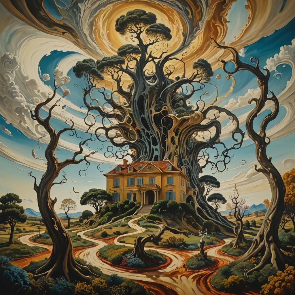 Surreal House Pulled Into Vortex in Dreamlike Landscape