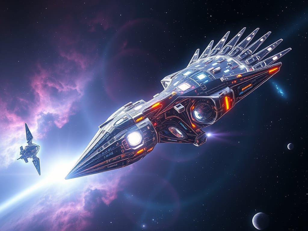Eagle-Shaped Starship Soars Through Cosmic Nebula in Glitter...