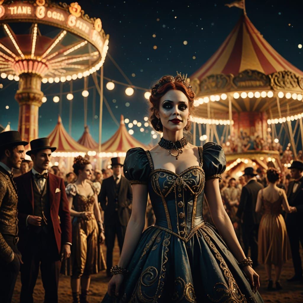 Cinematic Circus Performers Under Whimsical Moonlit Night