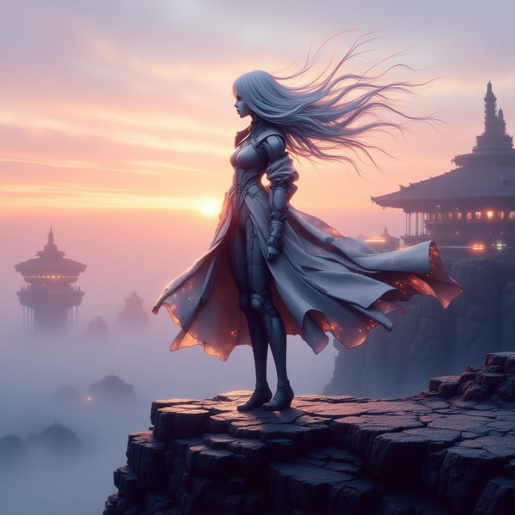 Female Android Overlooks Futuristic Facility at Dawn