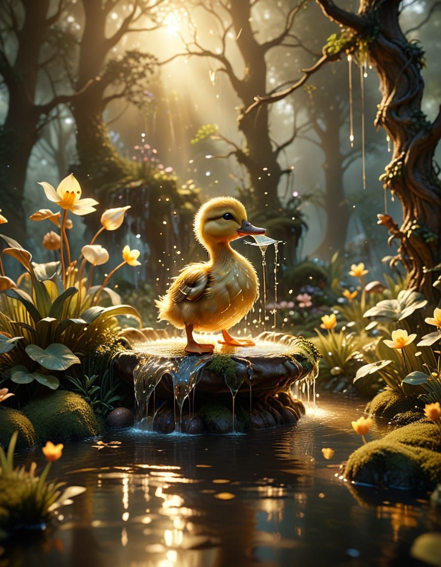 Magical Forest Fountain of Light with Duckling