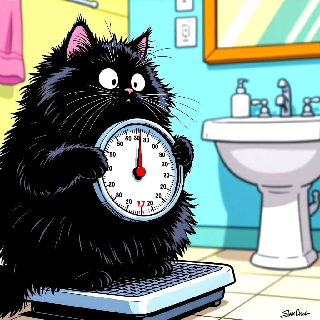 Terrified Black Cat on Scale in Comic Style