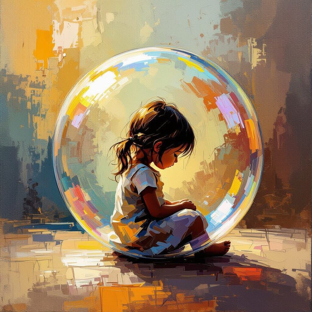Golden Silhouette Girl in Bubble, Expressive Impasto Paintin...