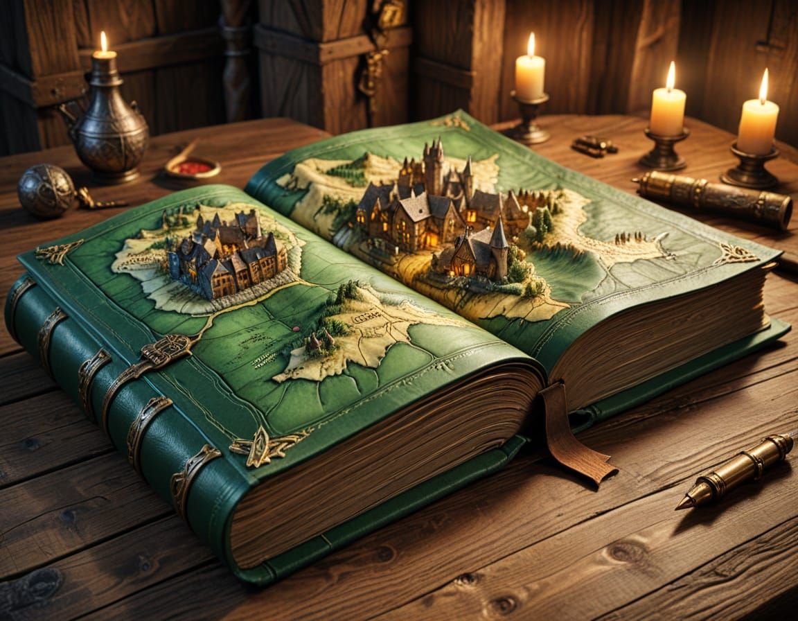 Open Medieval Village Map Book on Wooden Table