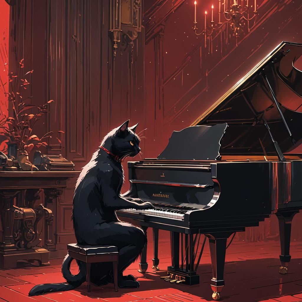 Sinister Black Cat Plays Piano: Studio Ghibli Anime