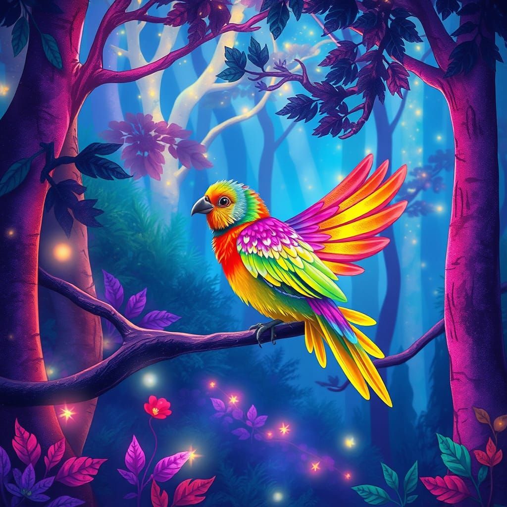 Rainbow Bird in Enchanted Forest