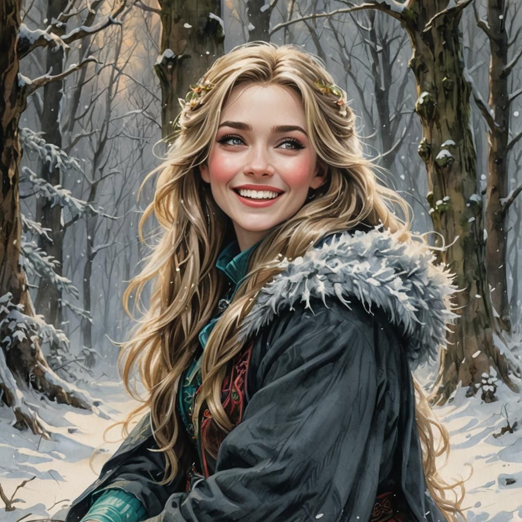 Smiling Woman in Winter Forest: Fantasy Concept Art